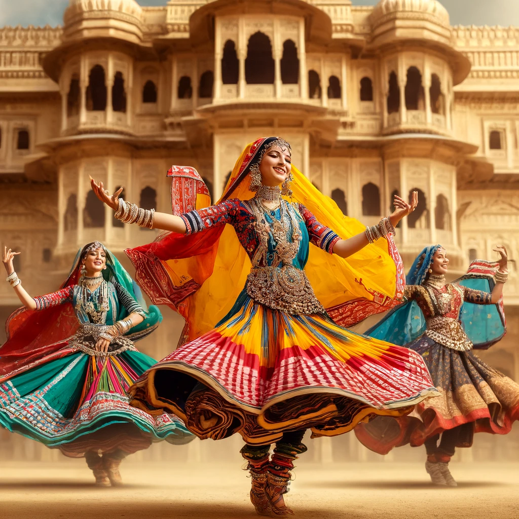 DALL·E 2024-04-22 14.07.01 - Traditional Rajasthani dancers performing in front of a Rajasthani palace. The dancers are wearing vibrant, colorful attire, including swirling ghagra