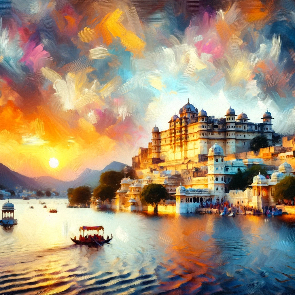 DALL·E 2024-04-22 14.51.47 - Artistic impressionist-style painting of Udaipur featuring the City Palace and Lake Pichola. The scene captures a sunset with expressive, broad brush