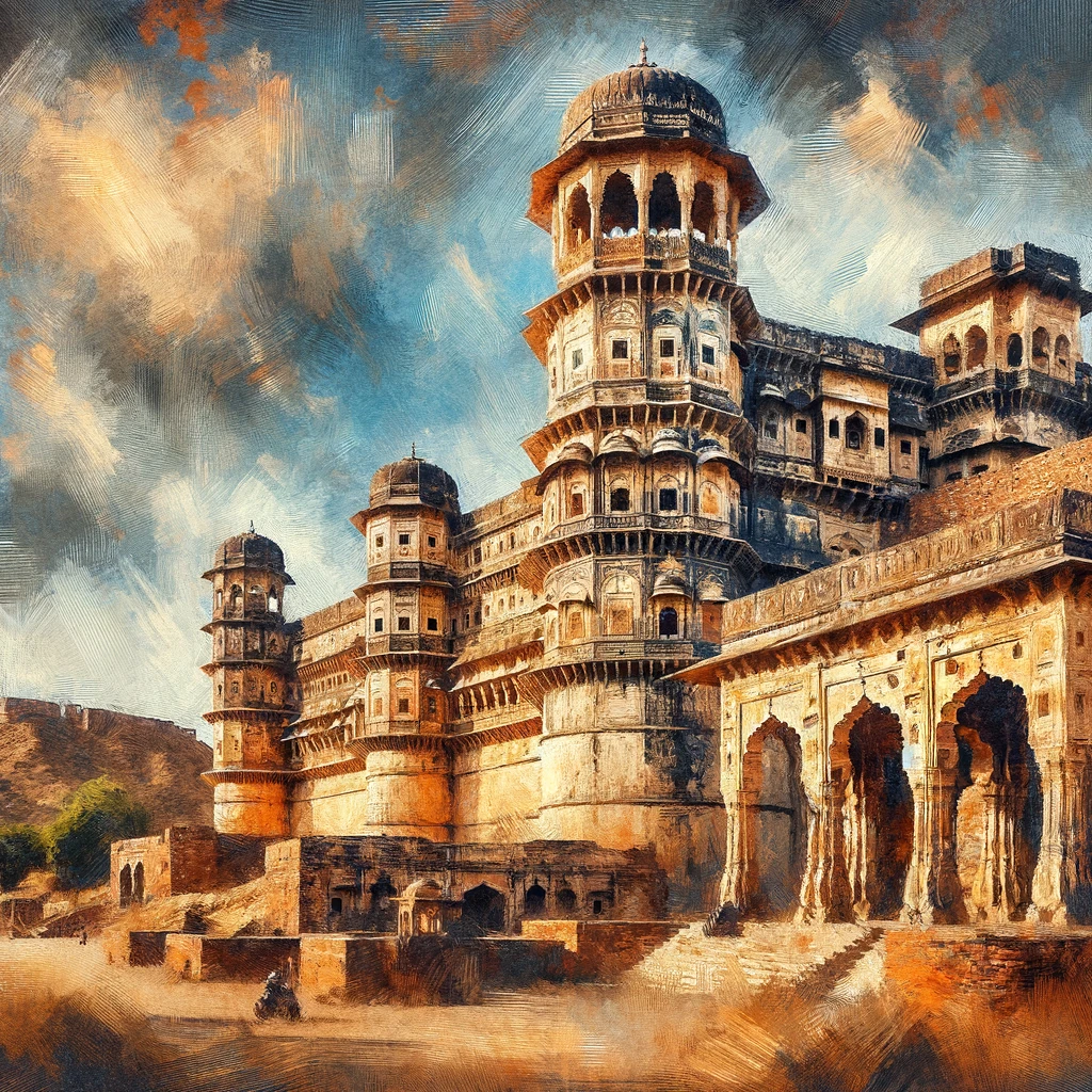 DALL·E 2024-04-22 14.57.14 - Artistic impressionist-style painting of Chittorgarh Fort, featuring its grand architecture including archways, towers, and the Vijay Stambha (Victory