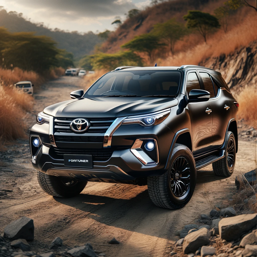 DALL·E 2024-04-27 12.51.36 - Toyota Fortuner SUV, displayed outdoors in a rugged terrain setting. This powerful vehicle is known for its off-road capability and robust appearance